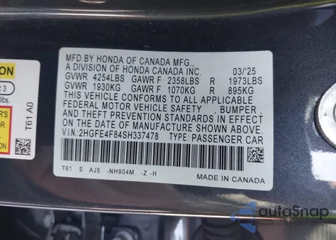 2025 Honda Civic Hybrid Sport/Sport Touring из США, поврежденный, VIN 2HGFE4F84SH337478